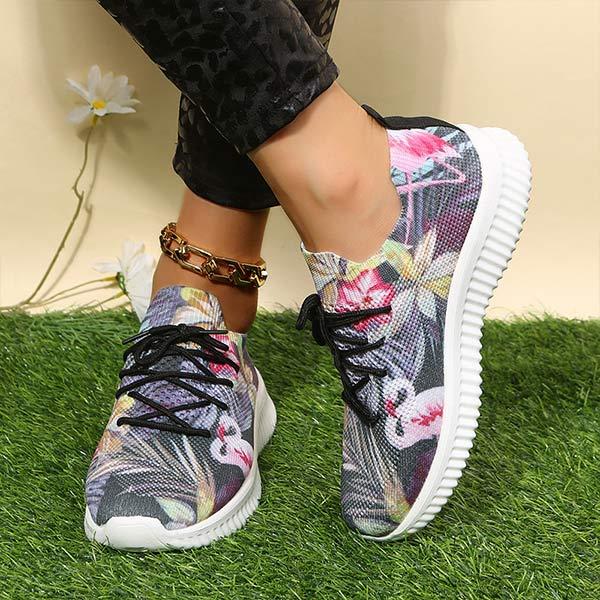 Women's Flat Lace-Up Flying Woven Breathable Printing Graffiti Casual Sneakers 43665814C