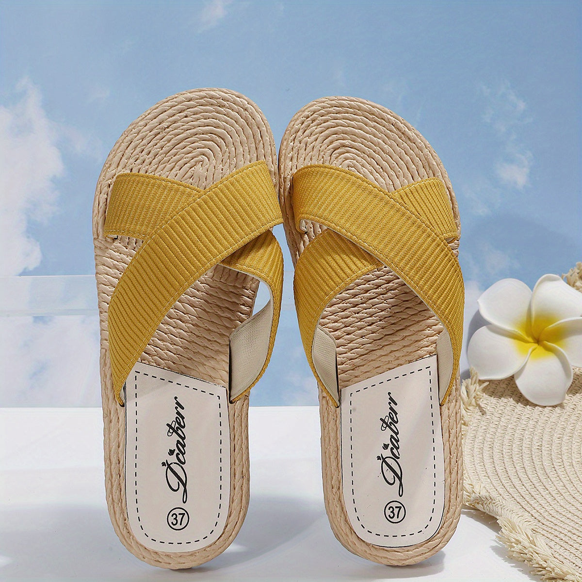 Solid Color Beach Slides - Women's Cross Strap Flats with Espadrille Sole