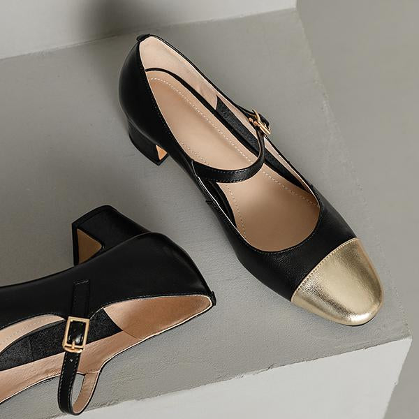Women's Elegant Colorblock Round Toe Chunky Heels 77782268C