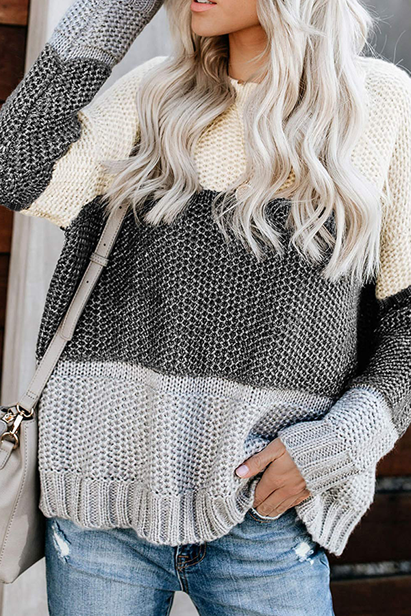 Casual Patchwork Basic Contrast O Neck Tops Sweater