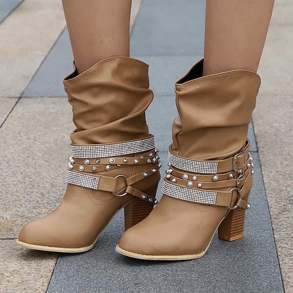 Women'S Chunky Heel Rhinestone Belt Buckle Round Toe Boots 02680696C