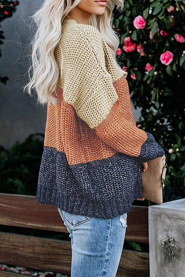 Casual Patchwork Basic Contrast O Neck Tops Sweater