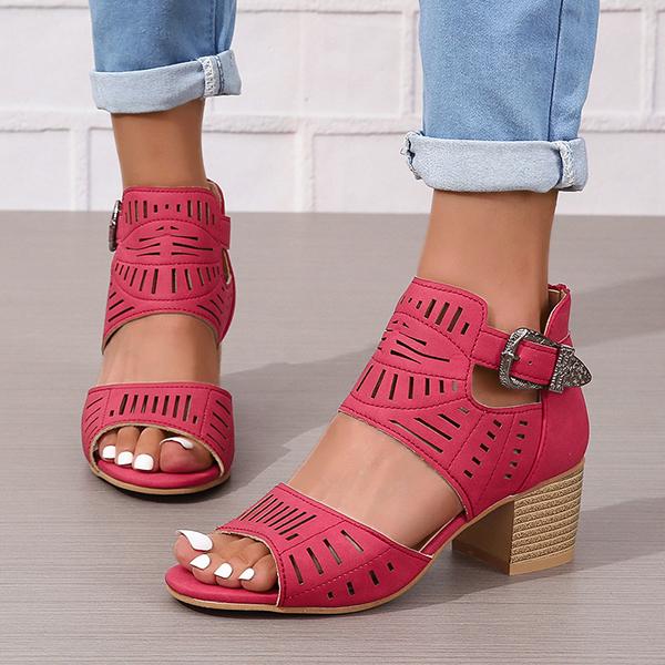 Women's Fashion Hollow Zipper Chunky Heel Sandals 89606513C