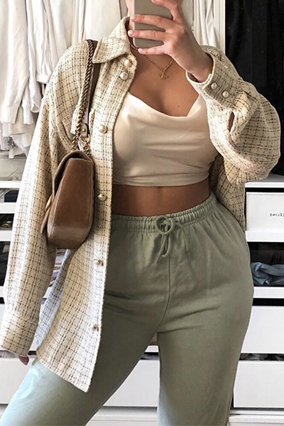 Casual Plaid Pocket Buckle Turndown Collar Outerwear