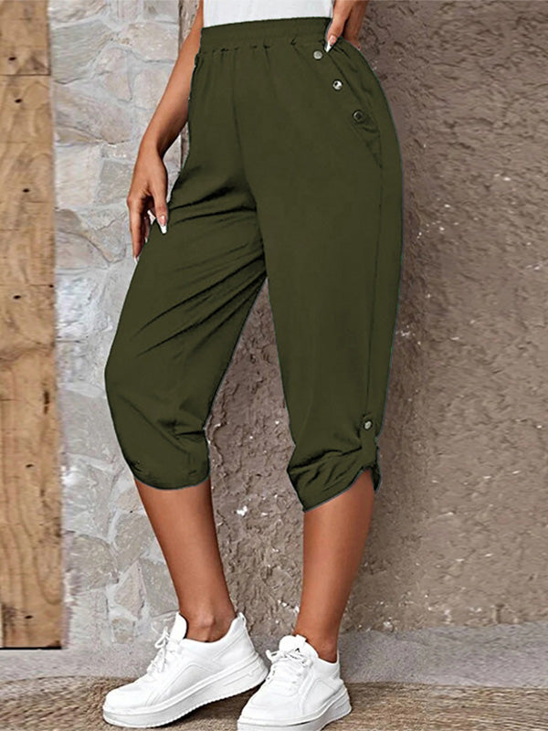Women's Solid Button Detail Roll Up Hem Capri