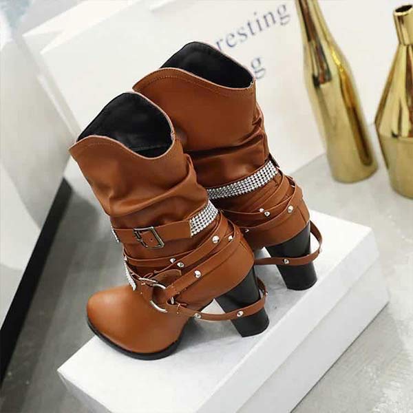 Women'S Chunky Heel Rhinestone Belt Buckle Round Toe Boots 02680696C