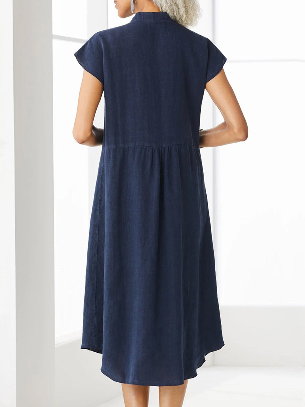 Loose V-Neck Short Sleeve Button Solid Color Linen Dress