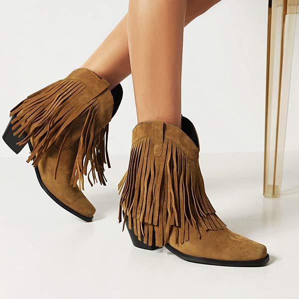 Women's Fashion High Heel Suede Low-Calf Fringe Boots 82434368C