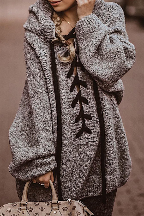 Casual Patchwork Patchwork Cross Straps Hooded Collar Tops