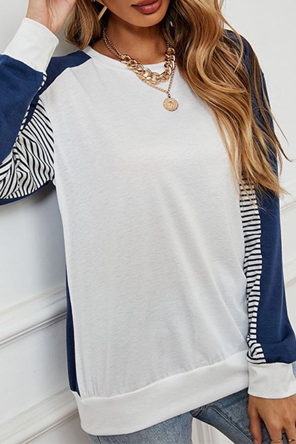 Casual Striped Split Joint Contrast O Neck Tops