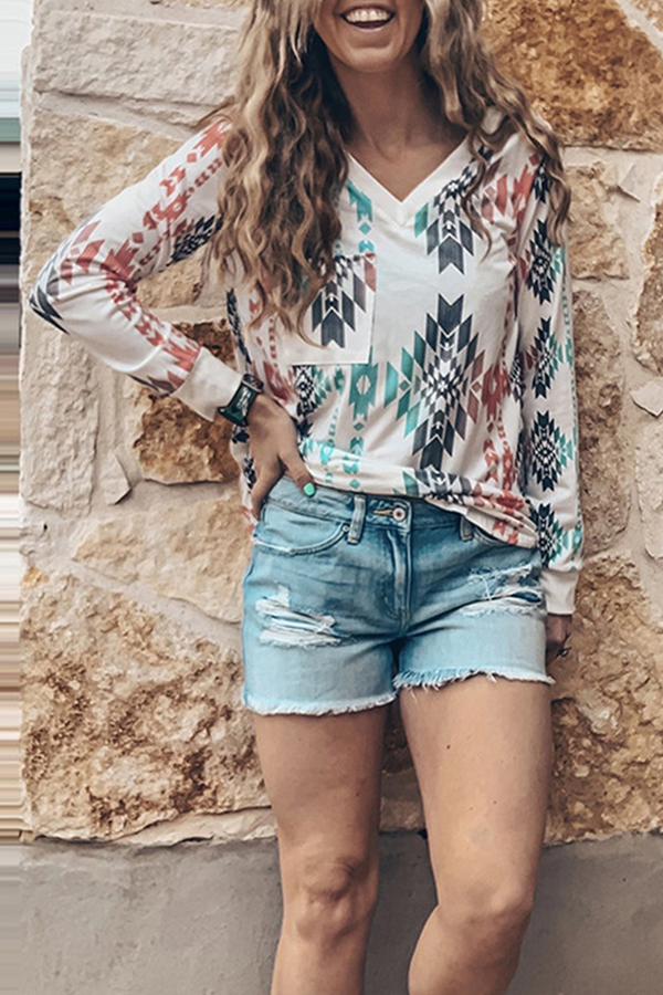 Casual Geometric Split Joint Pocket V Neck Tops