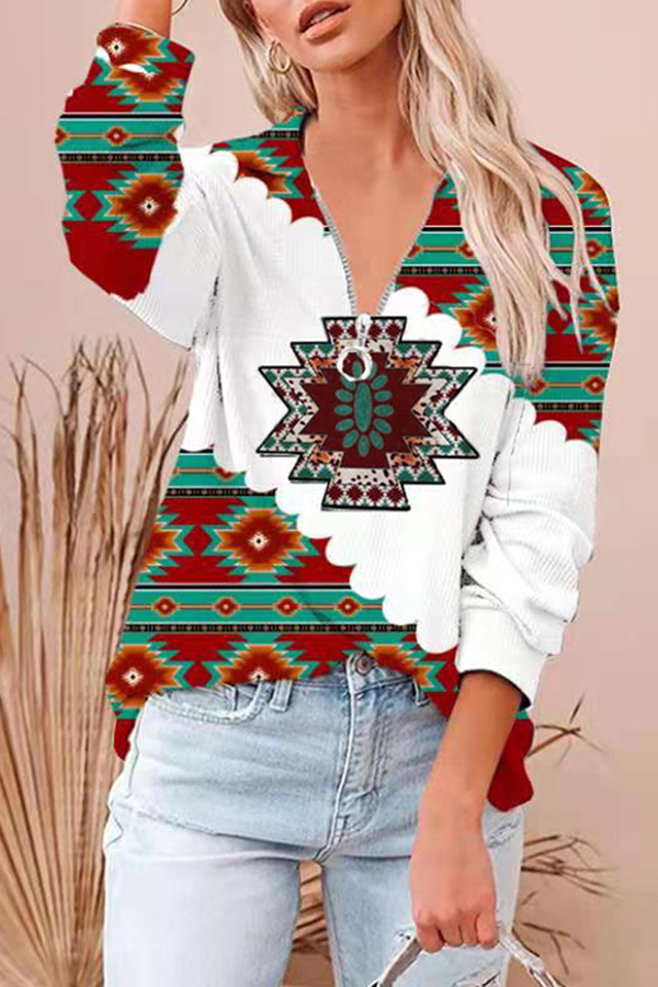 Fashion Casual Geometric Split Joint Zipper Turndown Collar Tops