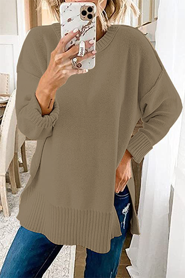 Casual Solid Patchwork Slit O Neck Tops Sweater