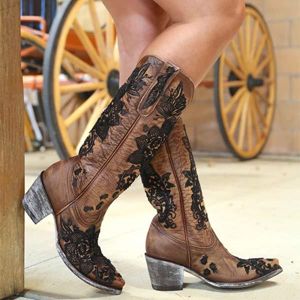 Women'S Embroidered Chunky Heel Rider Boots 59126917C
