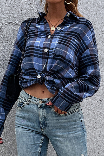 Casual Plaid Split Joint Buckle Turndown Collar Tops