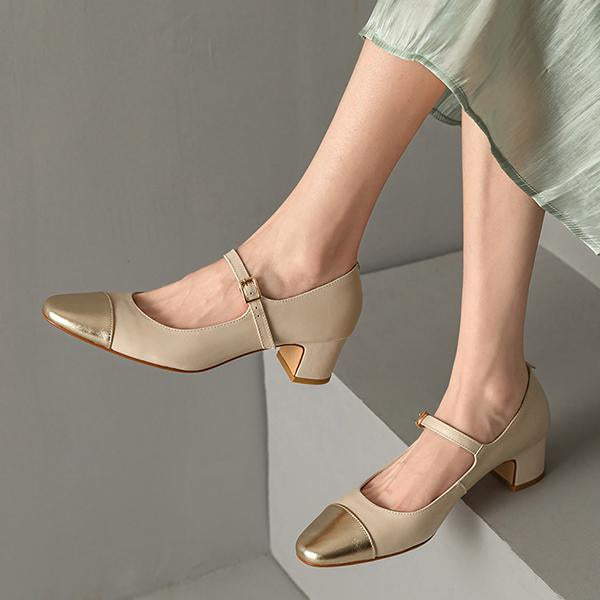 Women's Elegant Colorblock Round Toe Chunky Heels 77782268C