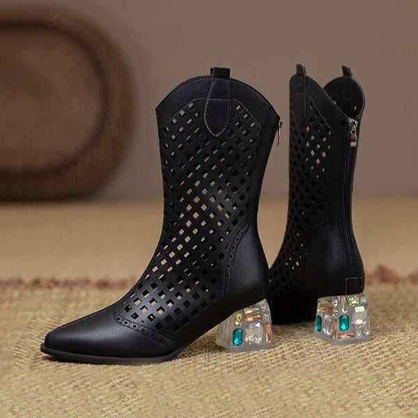 Women's Fashion Hollow Rhinestone Chunky Heel Sandals 28411918S