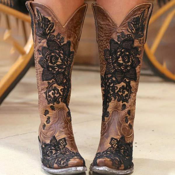 Women'S Embroidered Chunky Heel Rider Boots 59126917C