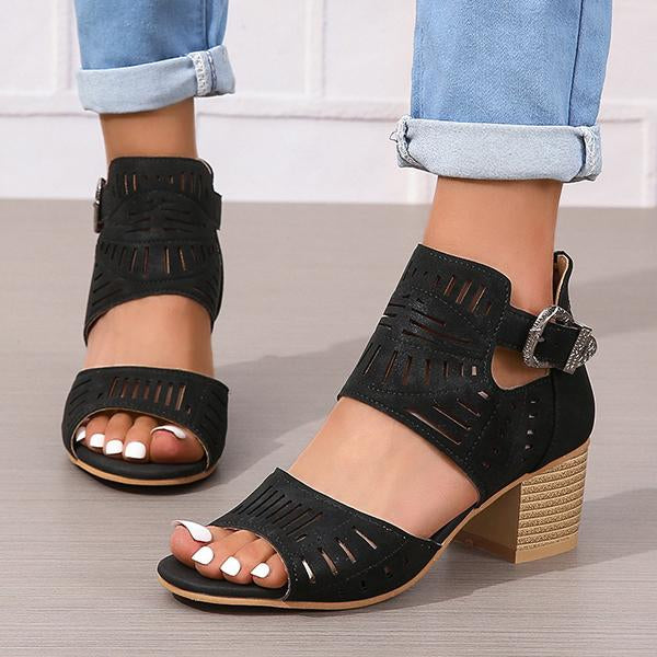 Women's Fashion Hollow Zipper Chunky Heel Sandals 89606513C
