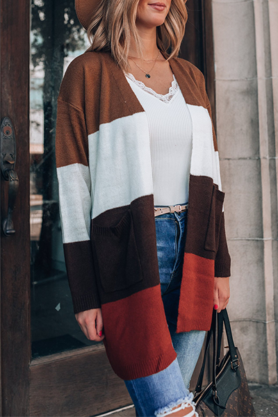 Casual Patchwork Pocket Contrast Tops Sweater