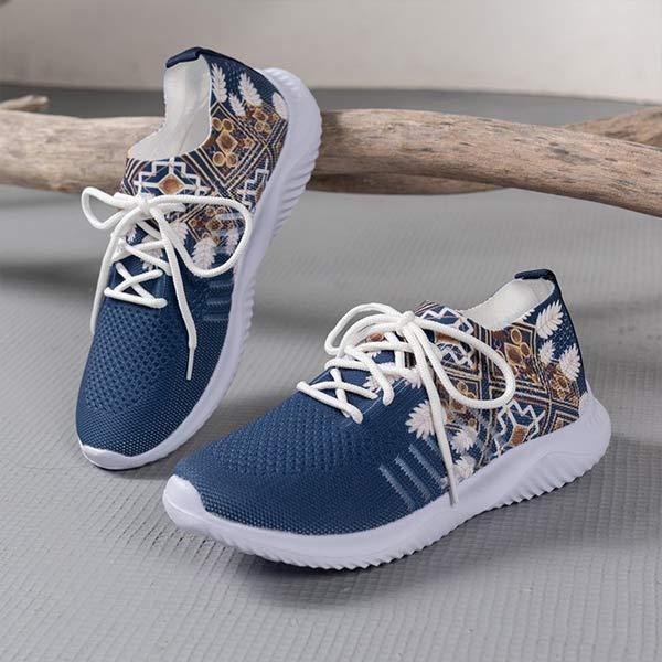 Women's Floral Round Toe Lace-Up Flat Comfortable Mesh Casual Sports Shoes 43567896C