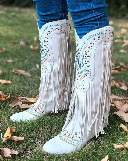 Rhinestone Tassel Square Toe Rider Boots