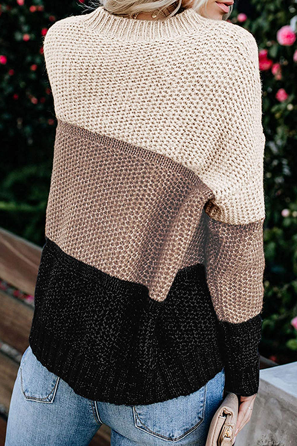 Casual Patchwork Basic Contrast O Neck Tops Sweater