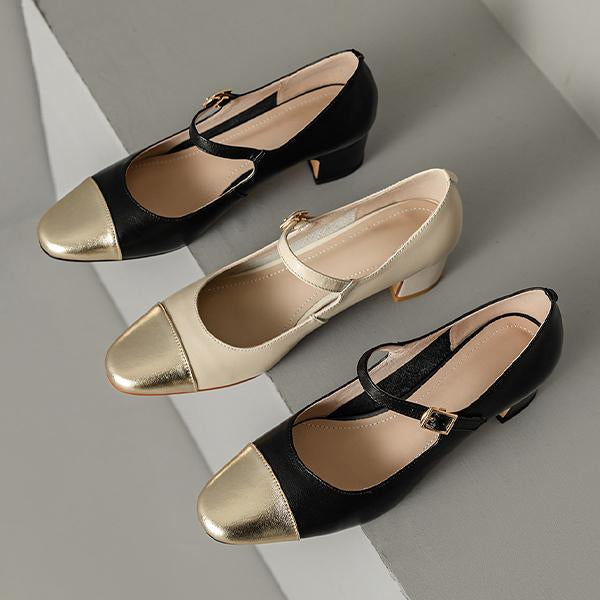 Women's Elegant Colorblock Round Toe Chunky Heels 77782268C