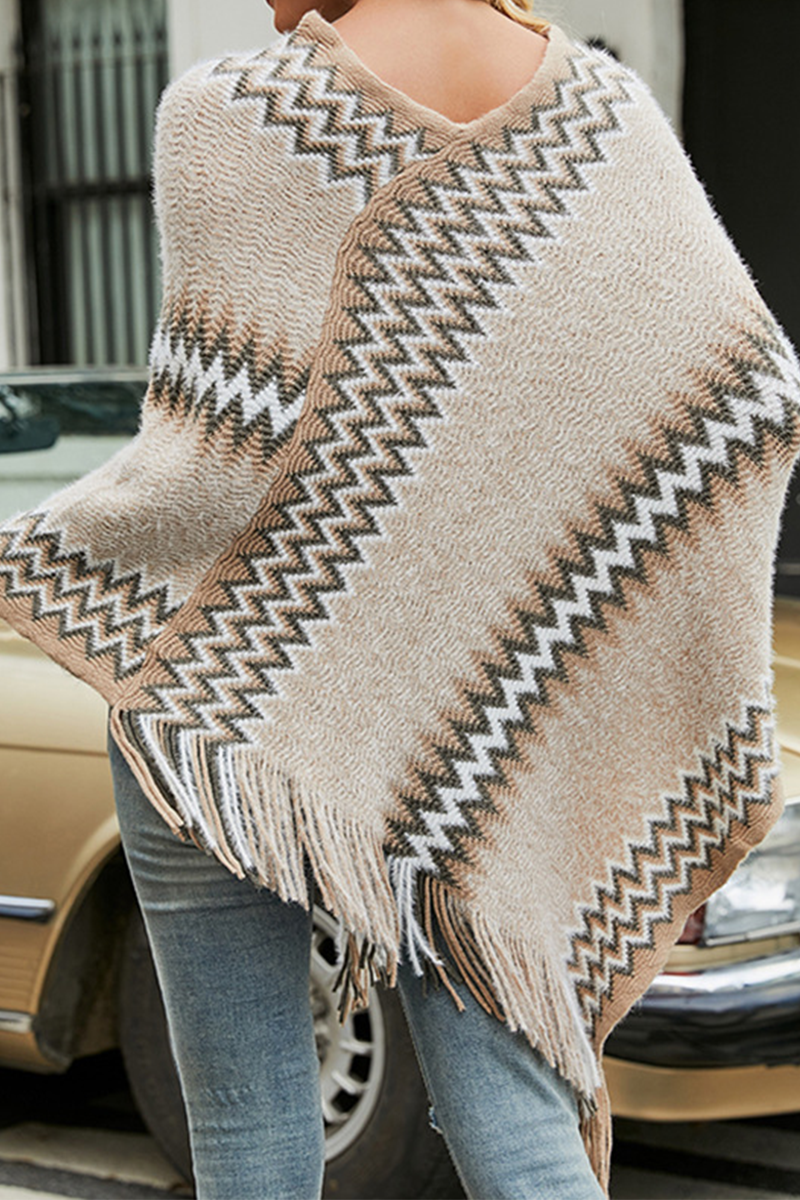 Casual Print Tassel O Neck Outerwear