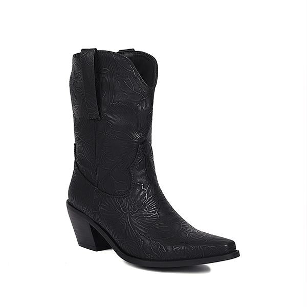 Women's Fashion Embossed Chunky Heel Cowboy Boots Ankle Boots 62876380S
