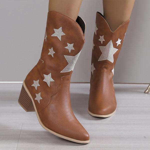 Women's Fashion Casual Star Chunky Heel Mid-calf Boots 79504262S