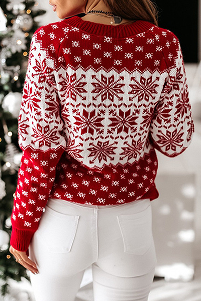 Casual Snowflakes Contrast O Neck Tops Sweater