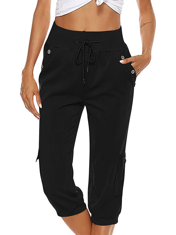 Women's Drawstring Cargo Pants Elastic Waist Casual Capri