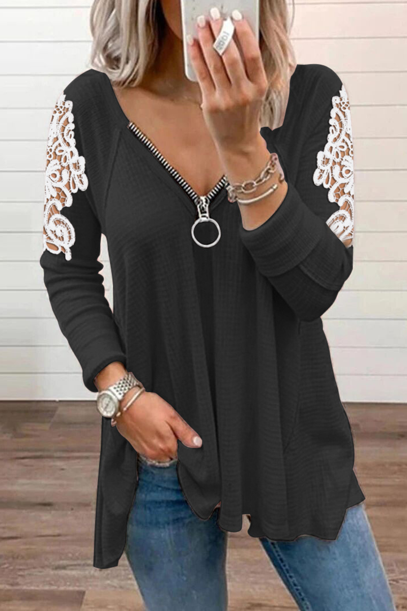 Casual Patchwork Lace Zipper V Neck Tops(4 Colors)