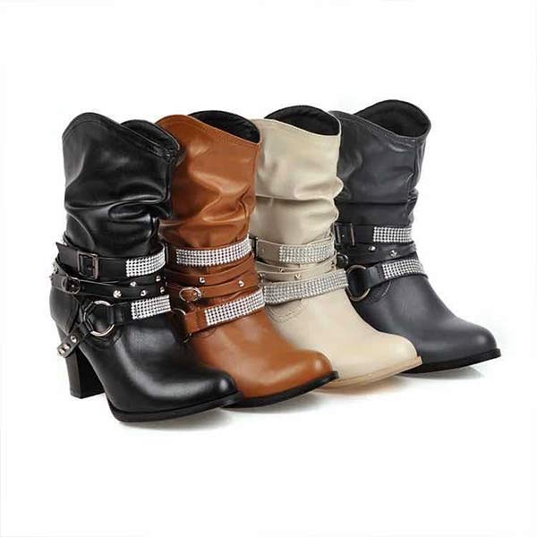 Women'S Chunky Heel Rhinestone Belt Buckle Round Toe Boots 02680696C