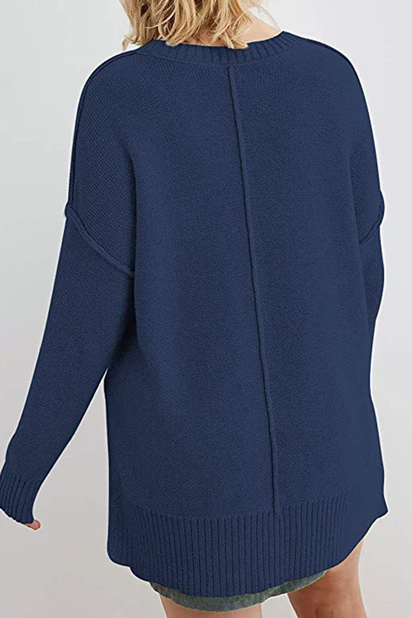 Casual Solid Patchwork Slit O Neck Tops Sweater
