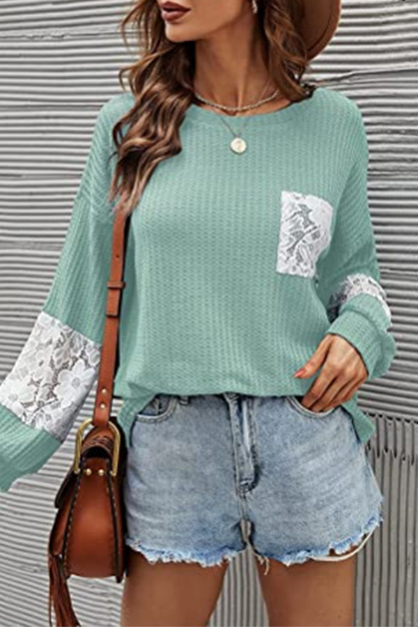 Casual Patchwork Lace Split Joint O Neck Tops