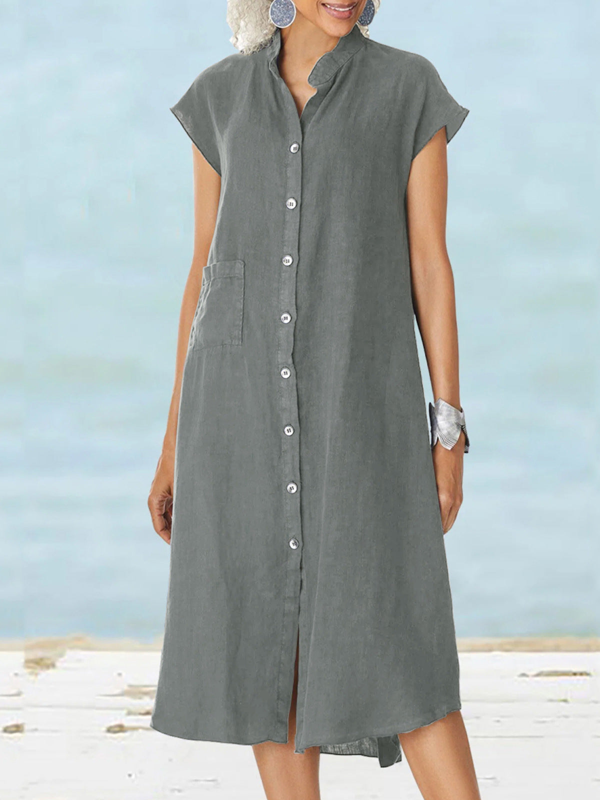 Loose V-Neck Short Sleeve Button Solid Color Linen Dress