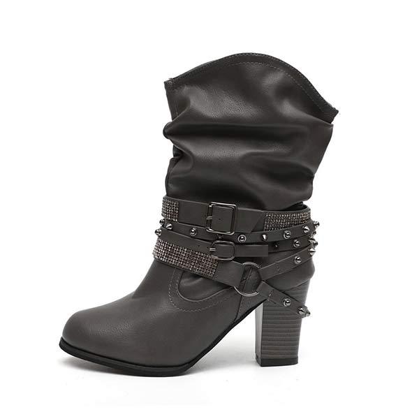 Women'S Chunky Heel Rhinestone Belt Buckle Round Toe Boots 02680696C