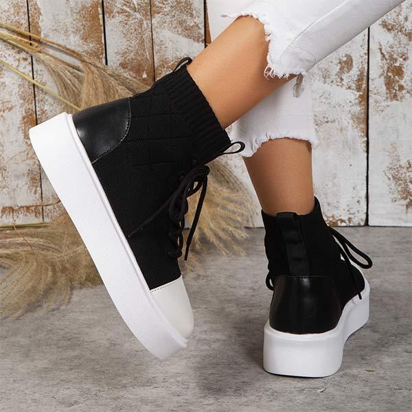 Women's High-Top Round Toe Platform Lace-Up Flying Woven Shoes 79606283C