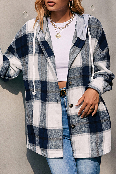 Casual Plaid Draw String Buckle Hooded Collar Outerwear