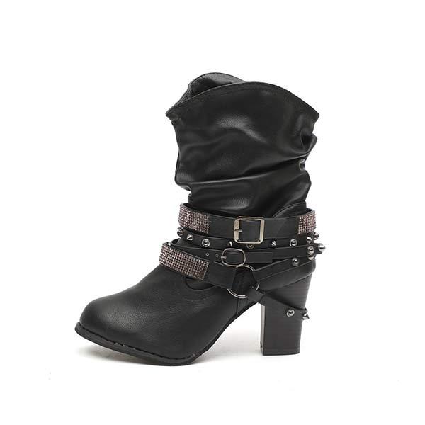 Women'S Chunky Heel Rhinestone Belt Buckle Round Toe Boots 02680696C