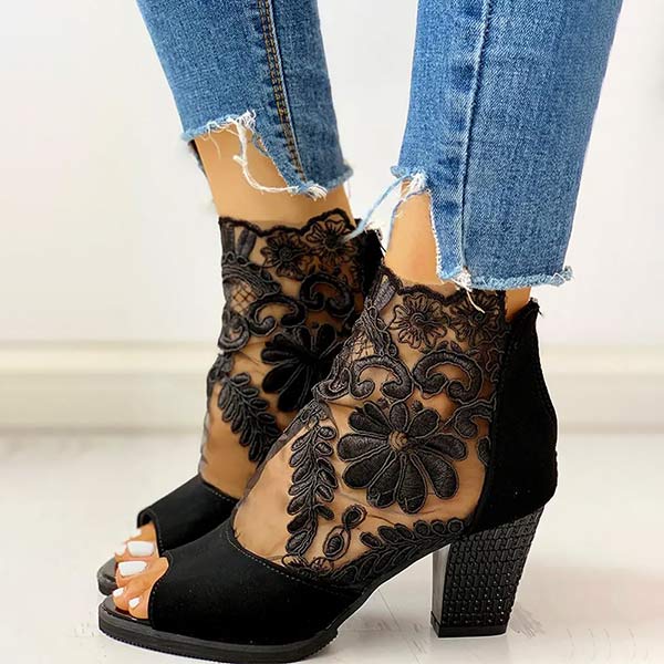 Women'S Chunky Heel Open Toe Lace Sandals 29617810