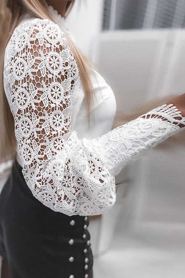 Elegant Solid Lace Hollowed Out Buckle Mandarin Collar Tops