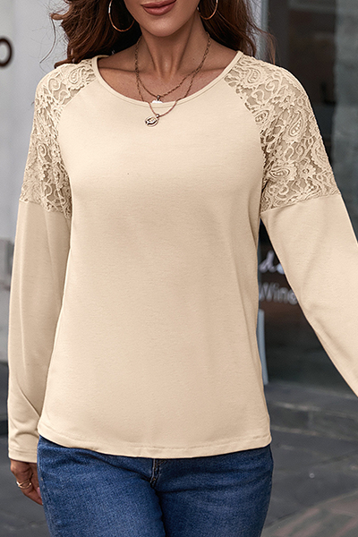 Casual Patchwork Lace Hollowed Out O Neck Tops