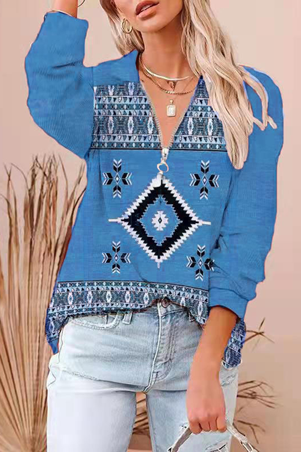 Fashion Casual Geometric Split Joint Zipper Turndown Collar Tops