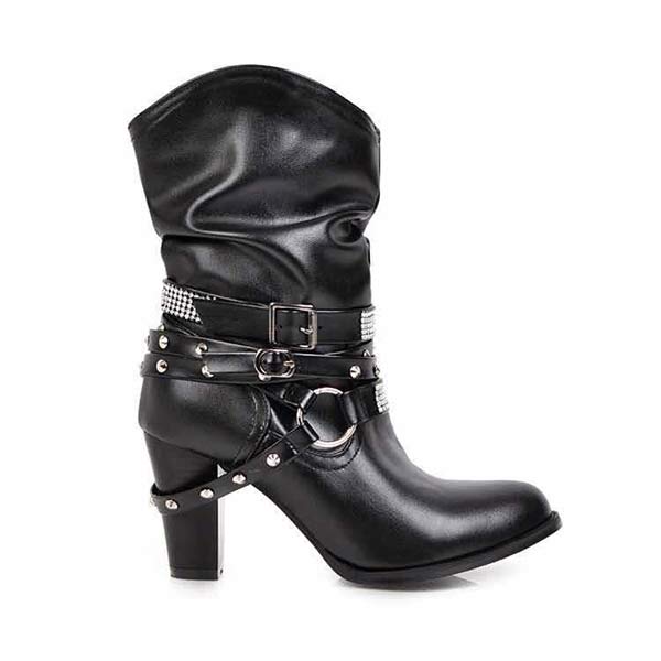 Women'S Chunky Heel Rhinestone Belt Buckle Round Toe Boots 02680696C