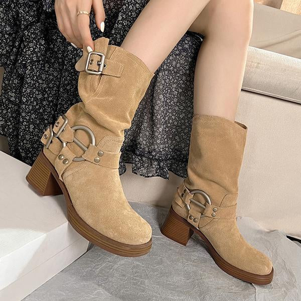 Women's Fashion Buckle Chunky Heel Martin Boots 83528295S