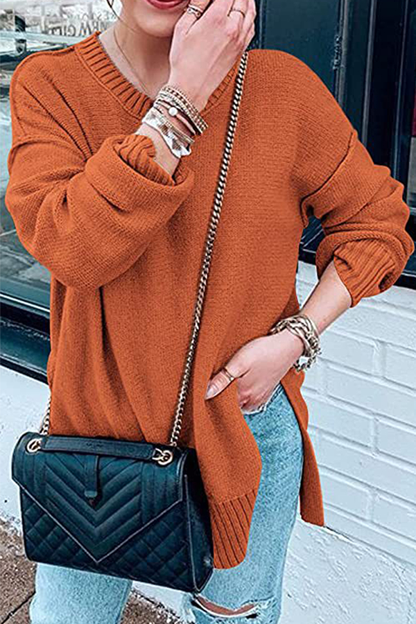 Casual Solid Patchwork Slit O Neck Tops Sweater