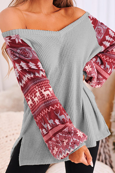 Casual Wapiti Split Joint Contrast V Neck Tops